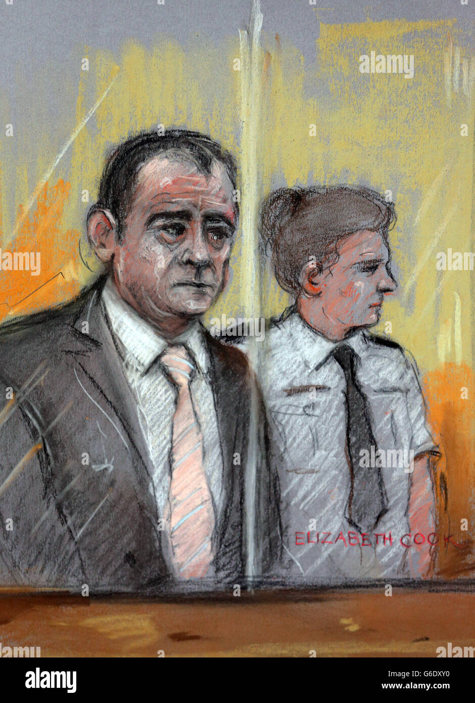 Court artist sketch by Elizabeth Cook of Coronation Street actor Michael Le Vell in the dock at Manchester Crown Court where he is accused of raping a young girl. Stock Photo