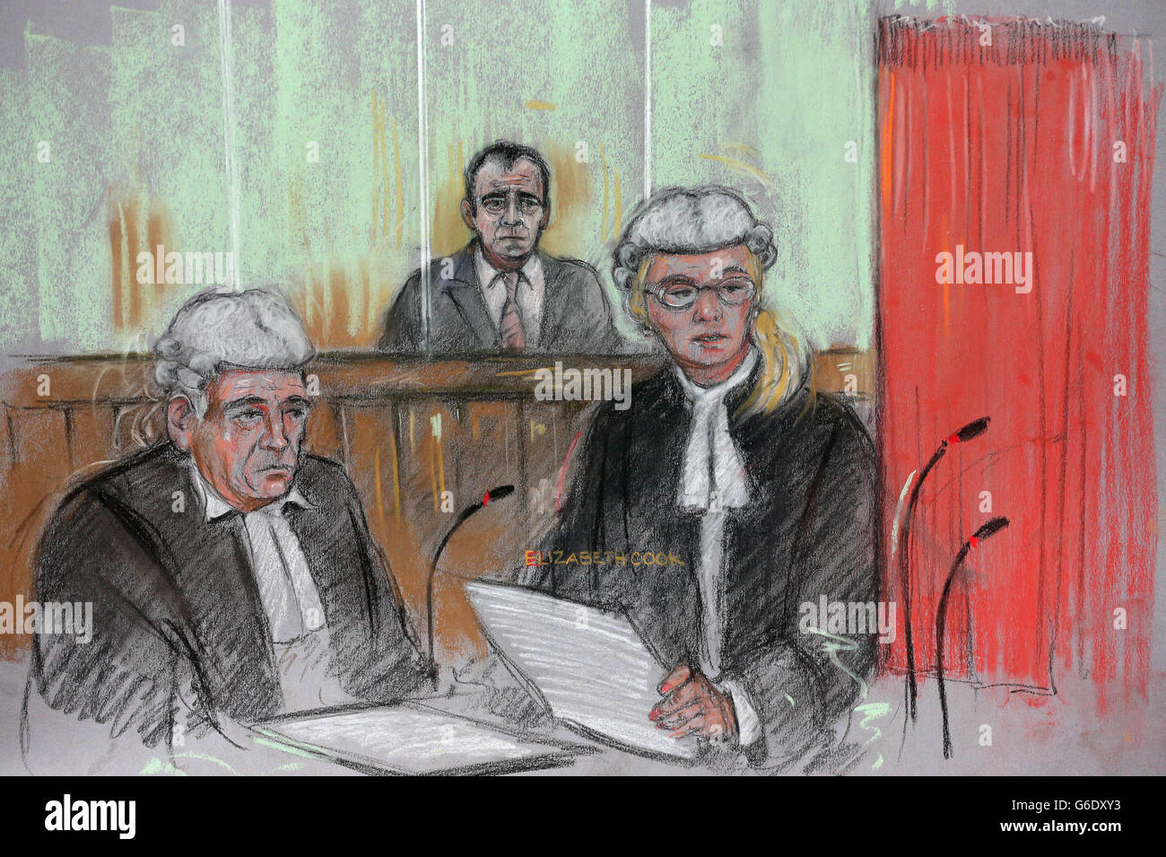 Court artist sketch by Elizabeth Cook of Coronation Street actor Michael Le Vell in the dock at Manchester Crown Court where he is accused of raping a young girl. Stock Photo