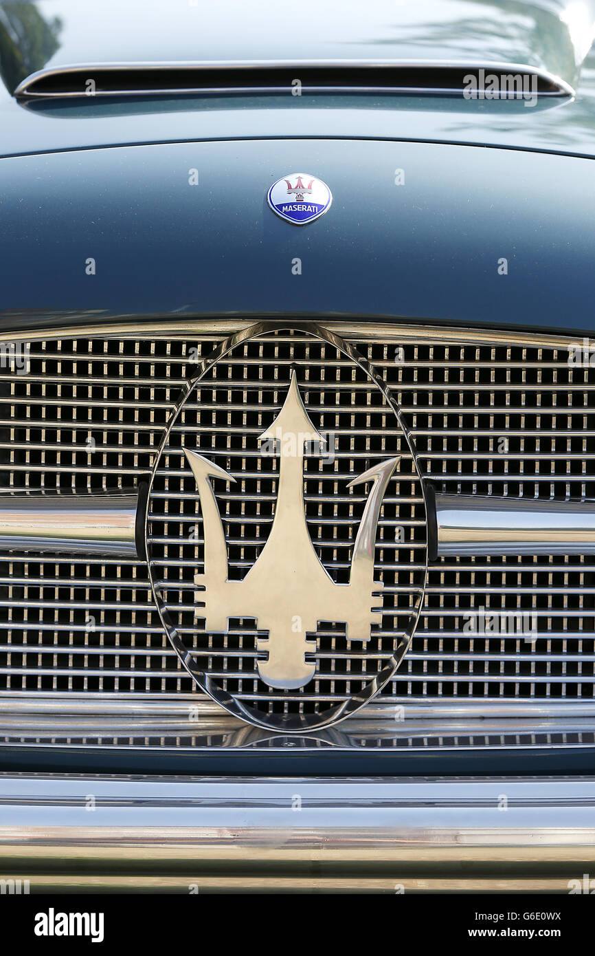 Stock of Maserati insignia on display as part of the opening of The St  James's Concours of Elegance classic car event at Marlborough House Gardens  , St James's, London Stock Photo - Alamy