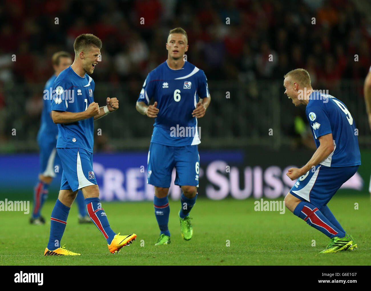 Iceland's Johann Gudmundsson (left) celebrates with Kolbeinn Sightorsson (right) at the final whistle after they drew the match. Stock Photo