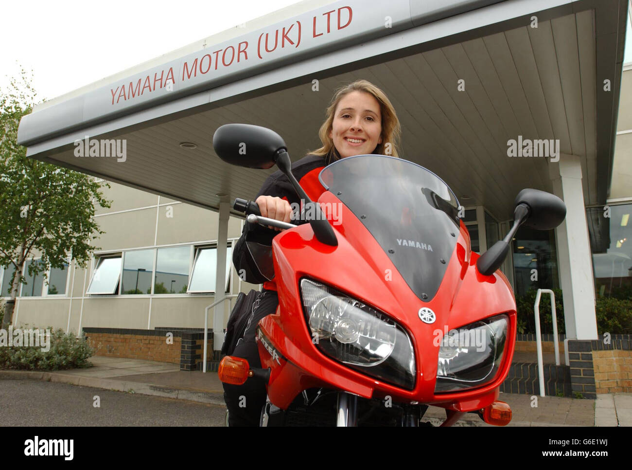 Former Big Brother contestant Elizabeth Woodcock on her new Yamaha motorbike before she heads off on a three-month-tour of the former communist 'Big Brother' states of Eastern Europe. *..Elizabeth will be making a video and radio diary of her journey which can be accessed on her website www.eaw.co.uk. Stock Photo
