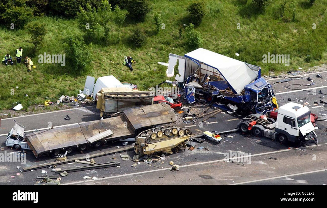 An aerial view of the scene on the M1 where four people were killed, in a massive motorway pile-up in Leicestershire. Taken several hours after the fatal crash the vehicles' wreckage is clearly visible. * The collision is believed to have involved a vehicle transporter and a number of cars. Three Army Scimitars - lightly armoured reconnaissance vehicles - which had just come back from the Gulf, were involved in the accident. They were being taken from Marchwood in Hampshire to the Army s base in Catterick, North Yorkshire. It was not yet known which regiment they belonged to or if MoD Stock Photo