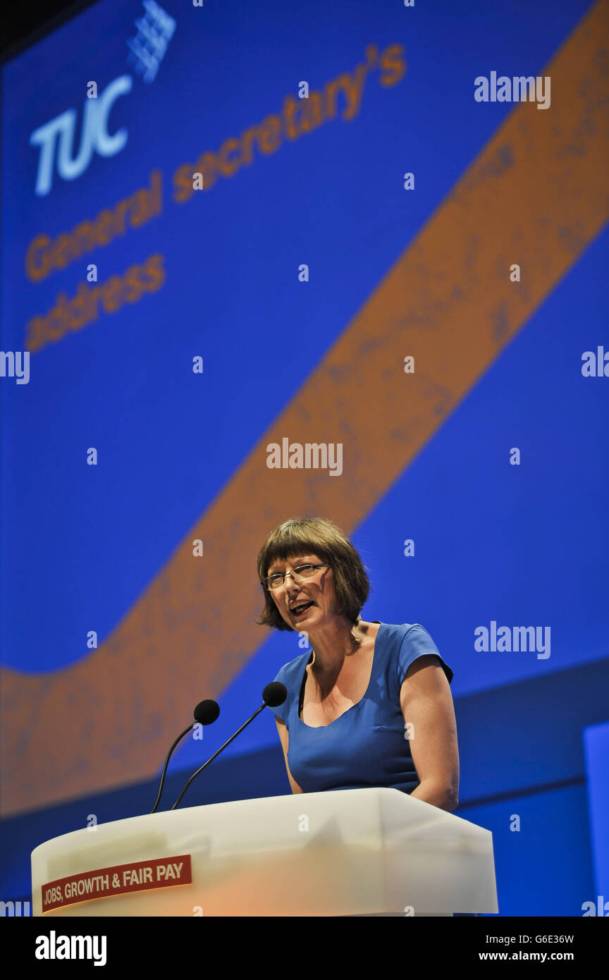 New TUC General Secretary Frances O'Grady address the annual conference in Bournemouth. The head of the TUC launched a scathing attack on the Government for trying to 'divide' the country, and likened ministers to characters from the Wizard of Oz. Stock Photo