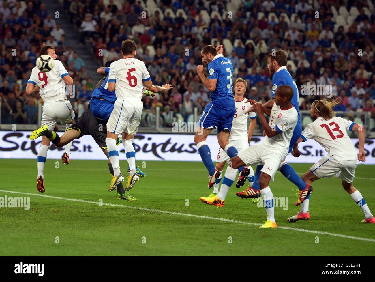 Soccer - 2014 FIFA World Cup - Qualifier - Group B - Italy v Czech Republic - Juventus Stadium. Italy's Giorgio Chiellini (no3) scores their equalising goal Stock Photo