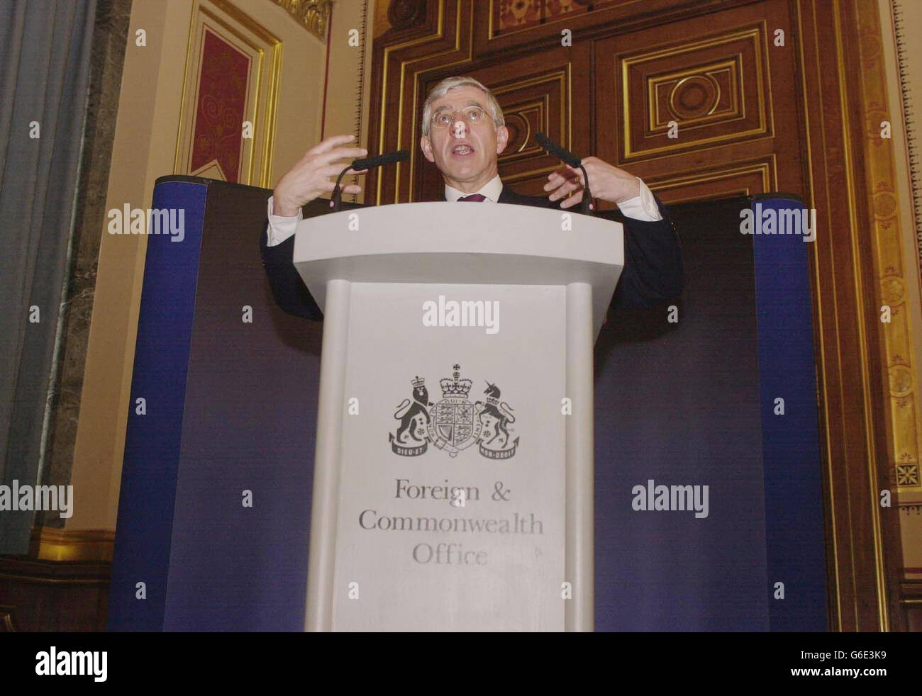 Foreign Secretary Jack Straw speaking at the Foreign Office in London's Whitehall, where he said that the proposed new constitution for the European Union will put power firmly in the hands of national governments, rather than transfer it to Brussels as critics have claimed. According to Mr Straw, the constitution makes clear for the first time that the nation state is the 'anchor of the Union' and the source of its democratic legitimacy. Stock Photo