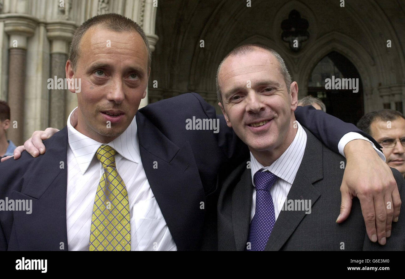 Gary Mills, right, and Anthony Poole leave the High Court in London after hearing that their convictions for murder had been quashed by the Court of Appeal. The pair were jailed for life in 1990 at Bristol Crown Court after a fatal stabbing during a fight at a flat in Gloucester. Stock Photo