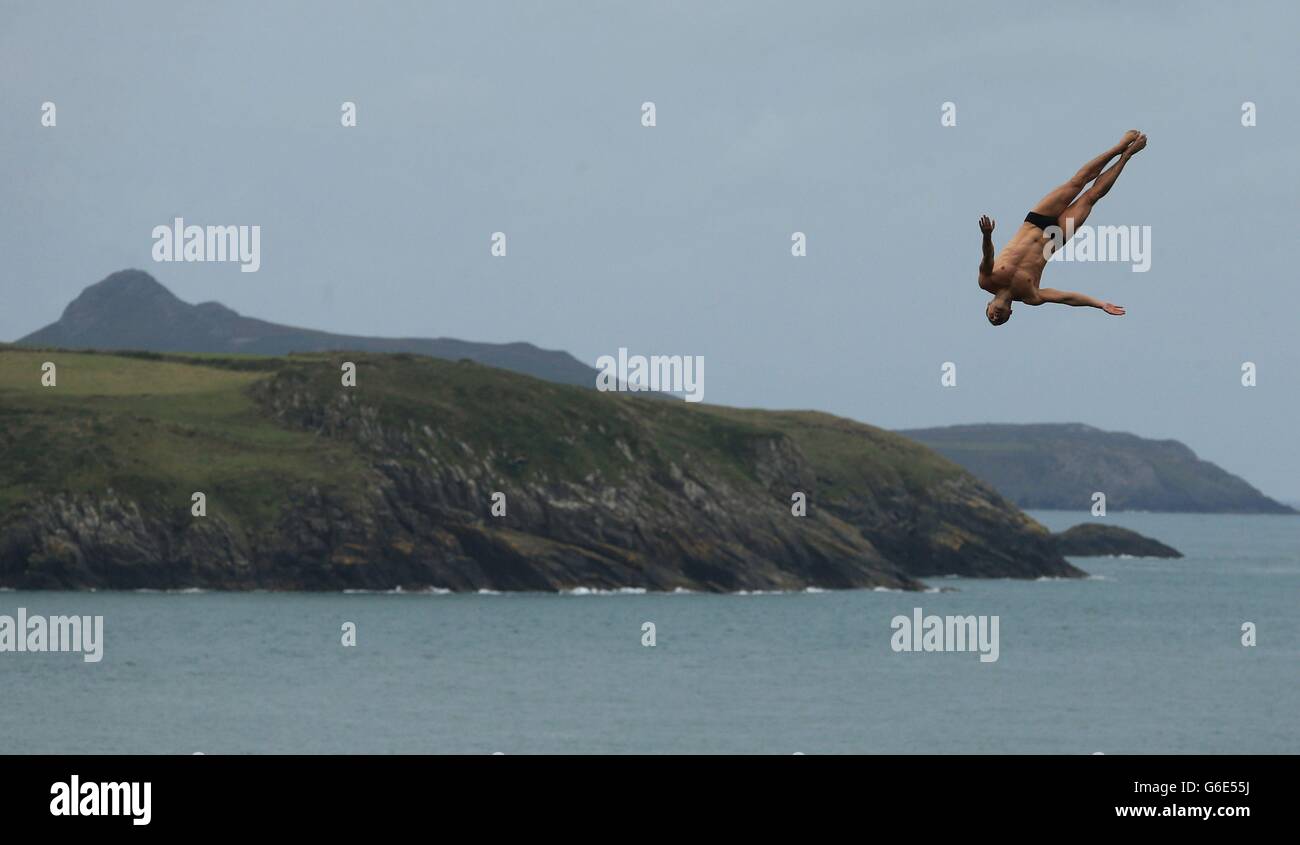 Russia's Igor Semashko during day one of the Red Bull Cliff Diving World Series at the Blue Lagoon in Abereiddy. Stock Photo