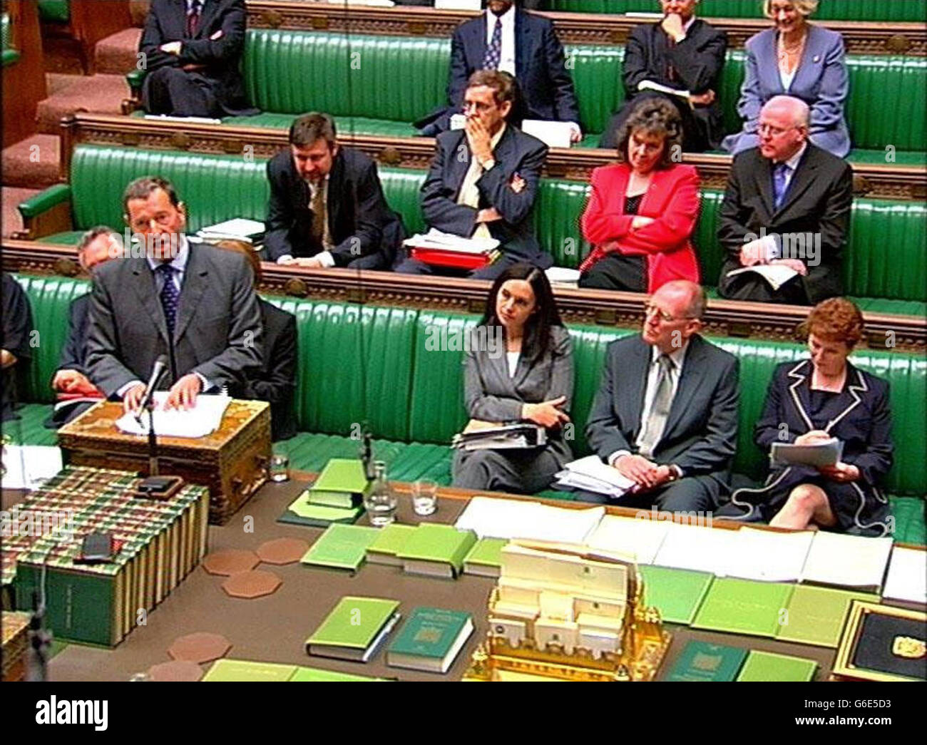 Screen grab of Home Secretary David Blunkett speaking to the House of Commons, London regarding the breach of security at Prince William's 21st birthday party at the weekend. * Mr Blunkett told the Commons that, on behalf of the Government and the House, he wanted to offer his deep regret to the Royal Family over Saturday's security breach at Windsor Castle Stock Photo