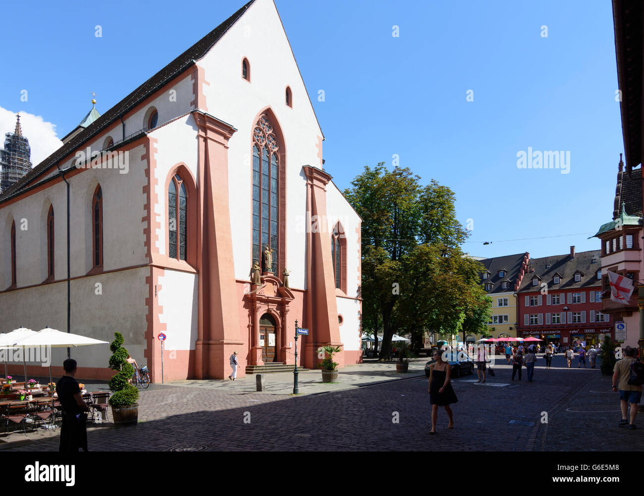 square Rathausplatz, church Kirche St. Martin, Freiburg im Breisgau, Germany, Baden-Württemberg, Schwarzwald, Black Forest Stock Photo