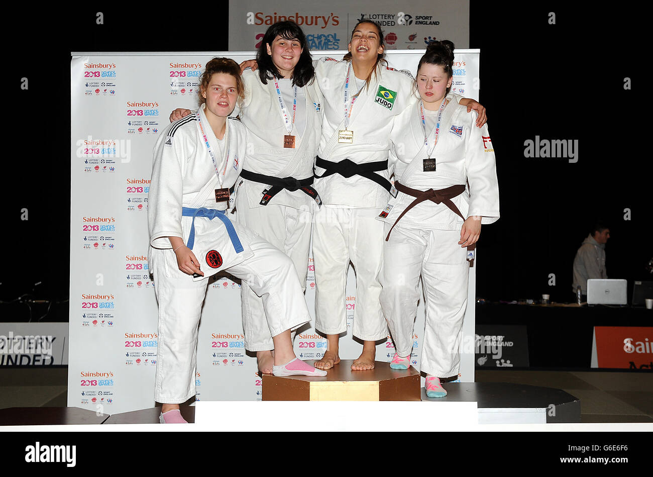 Medal presentation for the Girls Over 70kg Judo. Gold Medal Brazil's Isadora Pereira, Silver Scotland's Michelle Boyle and Bronze medals Scotland's Katie Saunders and England's Kelly Wright during day three of the Sainsbury's 2013 School Games at iceSheffield, Sheffield. PRESS ASSOCIATION Photo. Picture date: Saturday September 14, 2013. Photo credit should read: Nigel French/PA Wire Stock Photo