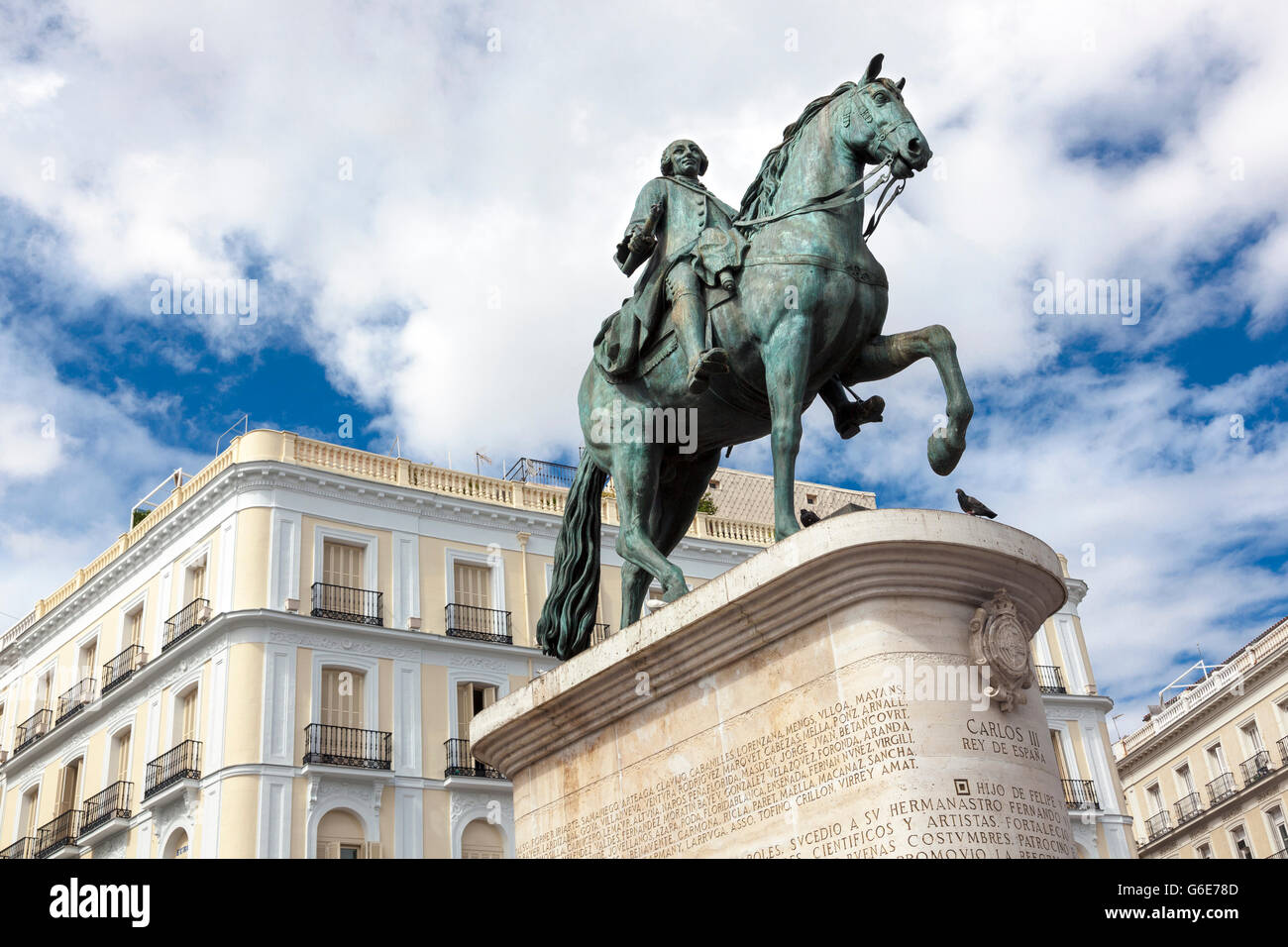 Bronze equestrian statue of Charles III of Spain at the Puerta del Sol square in Madrid, Spain Stock Photo