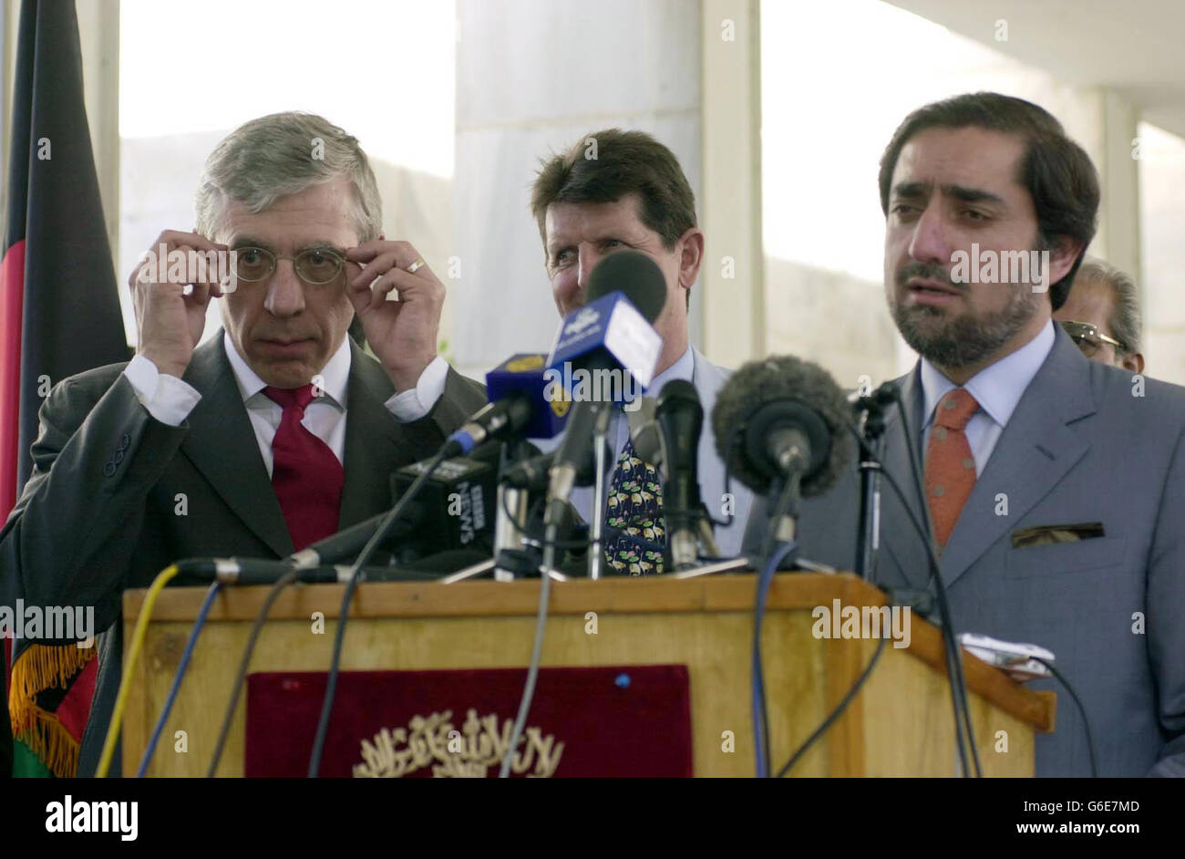 The Foreign Secretary Jack Straw shares a platform with his Afghani counterpart Dr Abdullah (right) during a press conference at the Ministry for Foreign Affairs in Kabul, Afghanistan. * Mr Straw was later met with President Karzai. Straw warned it was essential to provide an alternative cash crop for Afghanistan's impoverished farmers if the country's lucrative opium poppy cultivation was to be eradicated. See PA story POLITICS Straw. PA Photo: Johnny Green. Stock Photo