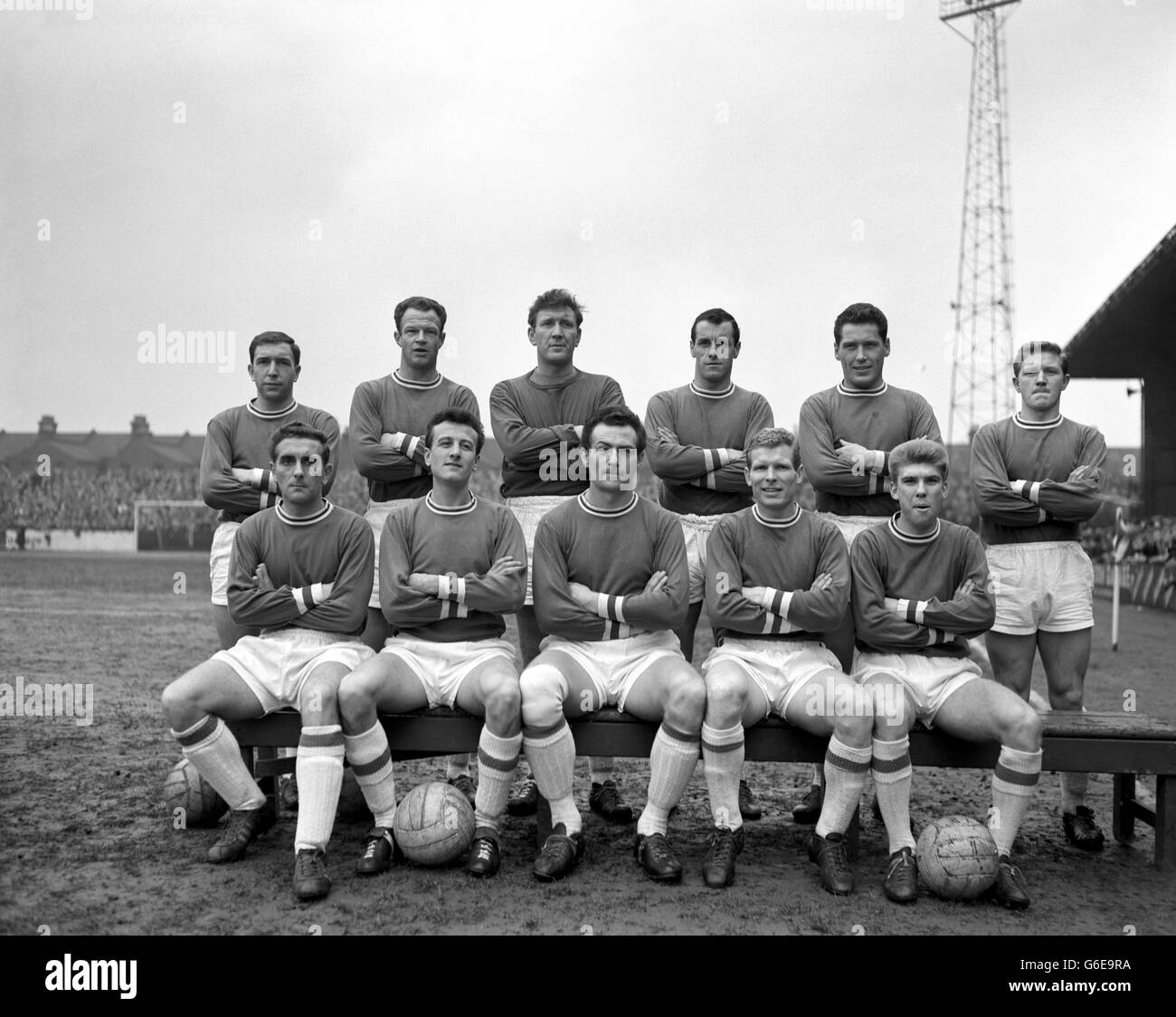 Leyton Orient team group. (top l-r) Mal Lucas, Sid Charlton, Frank George, Sid Bishop, Eddie Lewis and Cyril Lea. (front l-r) Philip White, Ron Foster, David Dunmore, Malcolm Graham and Terry McDonald. Stock Photo