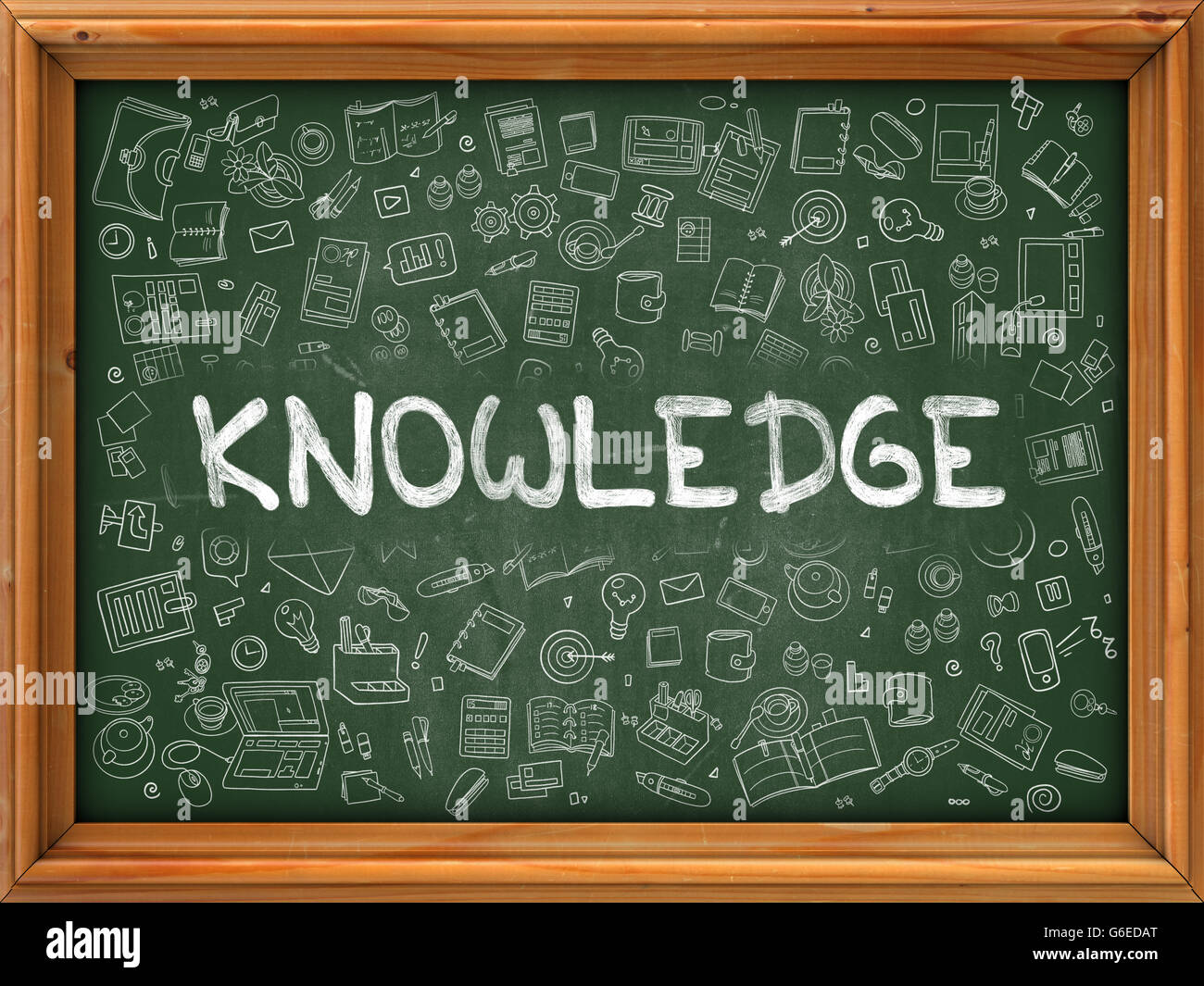 Knowledge Concept. Green Chalkboard with Doodle Icons. Stock Photo