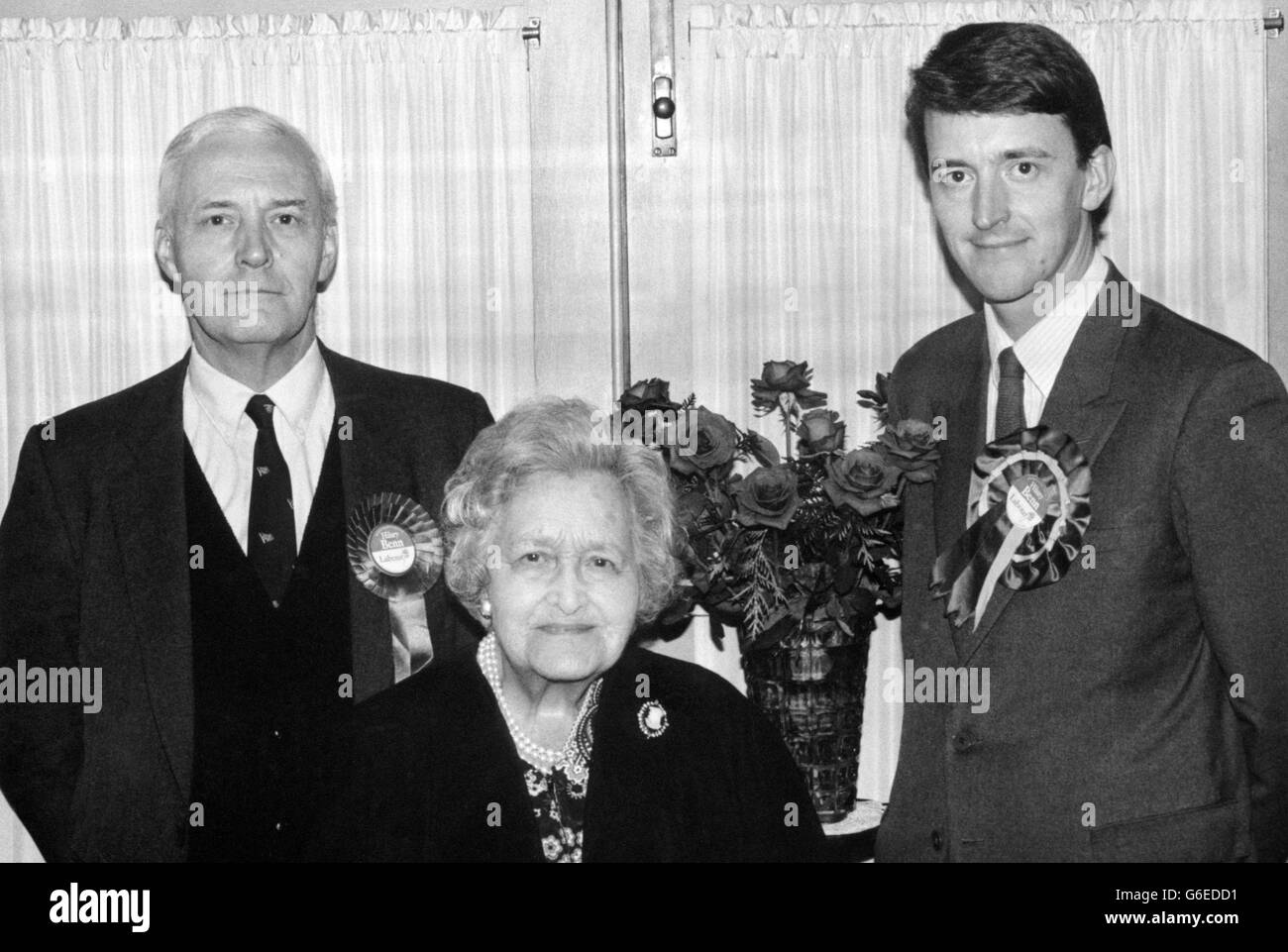 Lady Stansgate, who is 90, with her son Tony Benn and grandson Hilary Benn, who are both candidates in the in the General Election. Lady Stansgate's Parliamentary links began with her father Daniel Holmes who was MP for Govan, Scotland. She heard her first election results in 1906 by phone. Her later husband William Wedgwood Benn served in two labour cabinets and was given a peerage. Her son is fighting his 15th Parliamentary election for Chesterfield and grandson Hilary, an Ealing councillor, is contesting Ealing north. Stock Photo