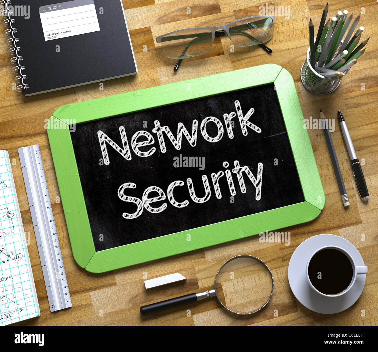 Small Chalkboard with Network Security Concept. Stock Photo