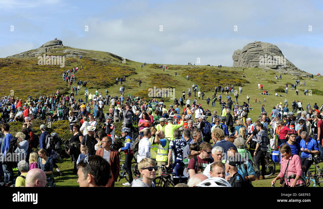 Crowds on the summit of Haytor during stage six of the 2013 Tour of Britain from Sidmouth to Haytor. Stock Photo