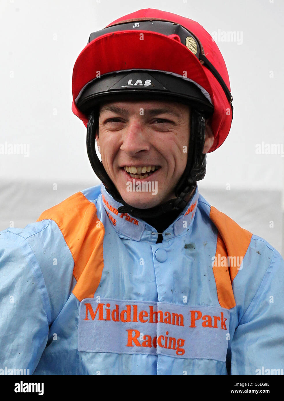 Patrick Mathers celebrates winning The Sked Construction-Concretes What we Do Nursery HandicapStakes on Latenightrequest during day three of the William Hill Ayr Gold Cup Festival at Ayr Racecourse. Stock Photo