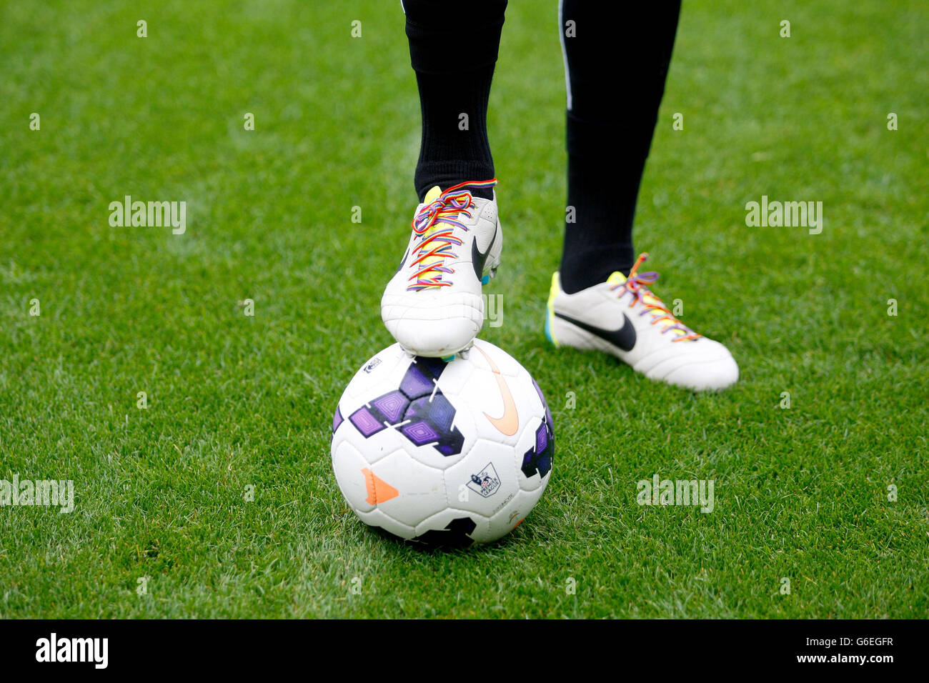 A general view of a player wearing rainbow coloured laces at the Barclays Premier League match at St James' Park, Newcastle. Stock Photo