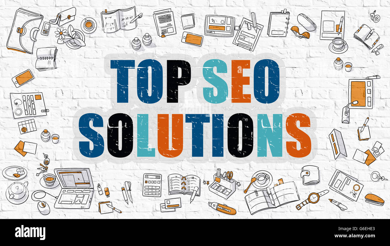 Multicolor Top SEO Solutions on White Brickwall. Stock Photo