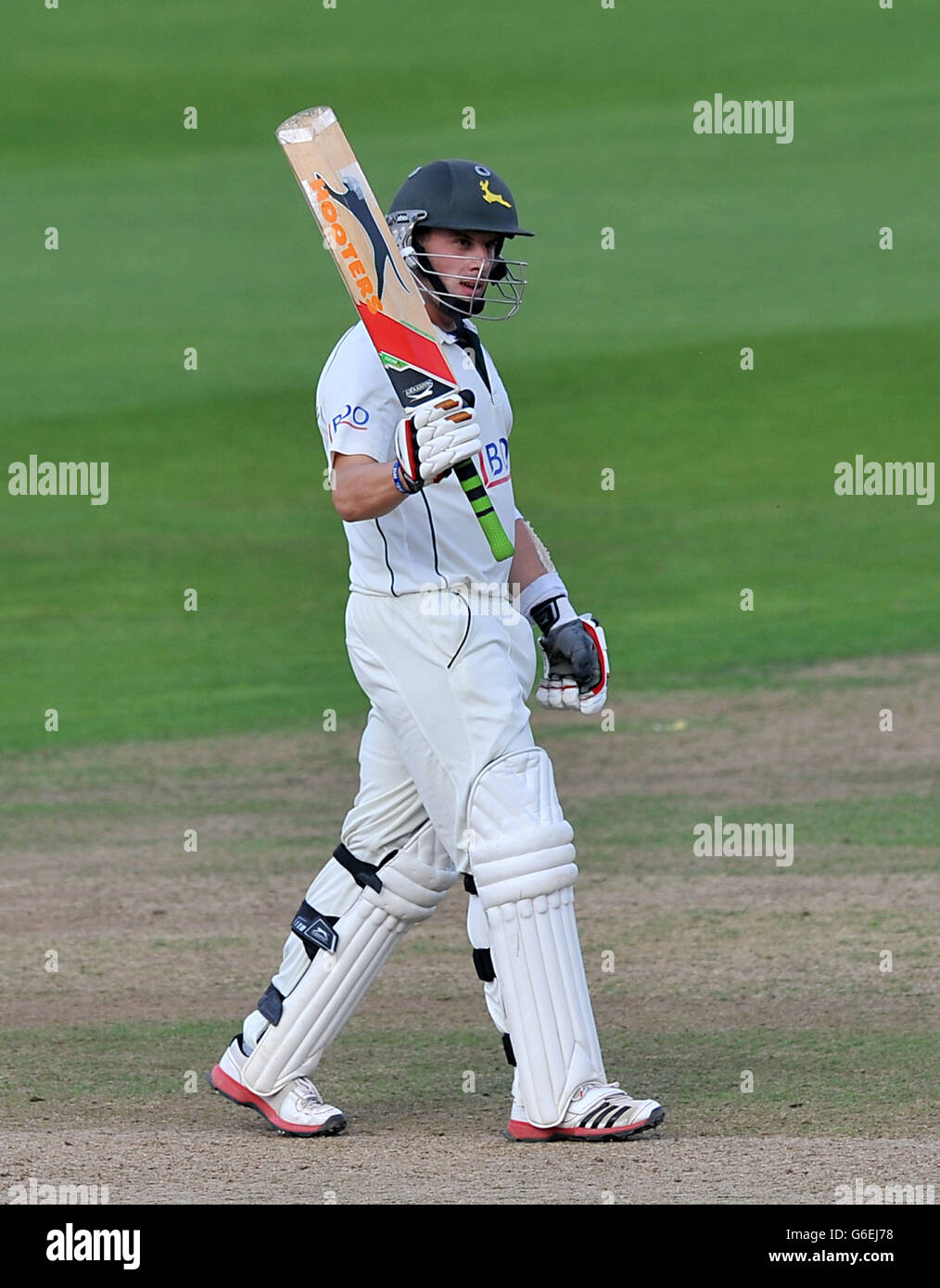 Norringhamshire's Steven Mullaney celebrates reaching his half century during the LV= County Championship, Division One match at Trent Bridge, Nottingham. Stock Photo