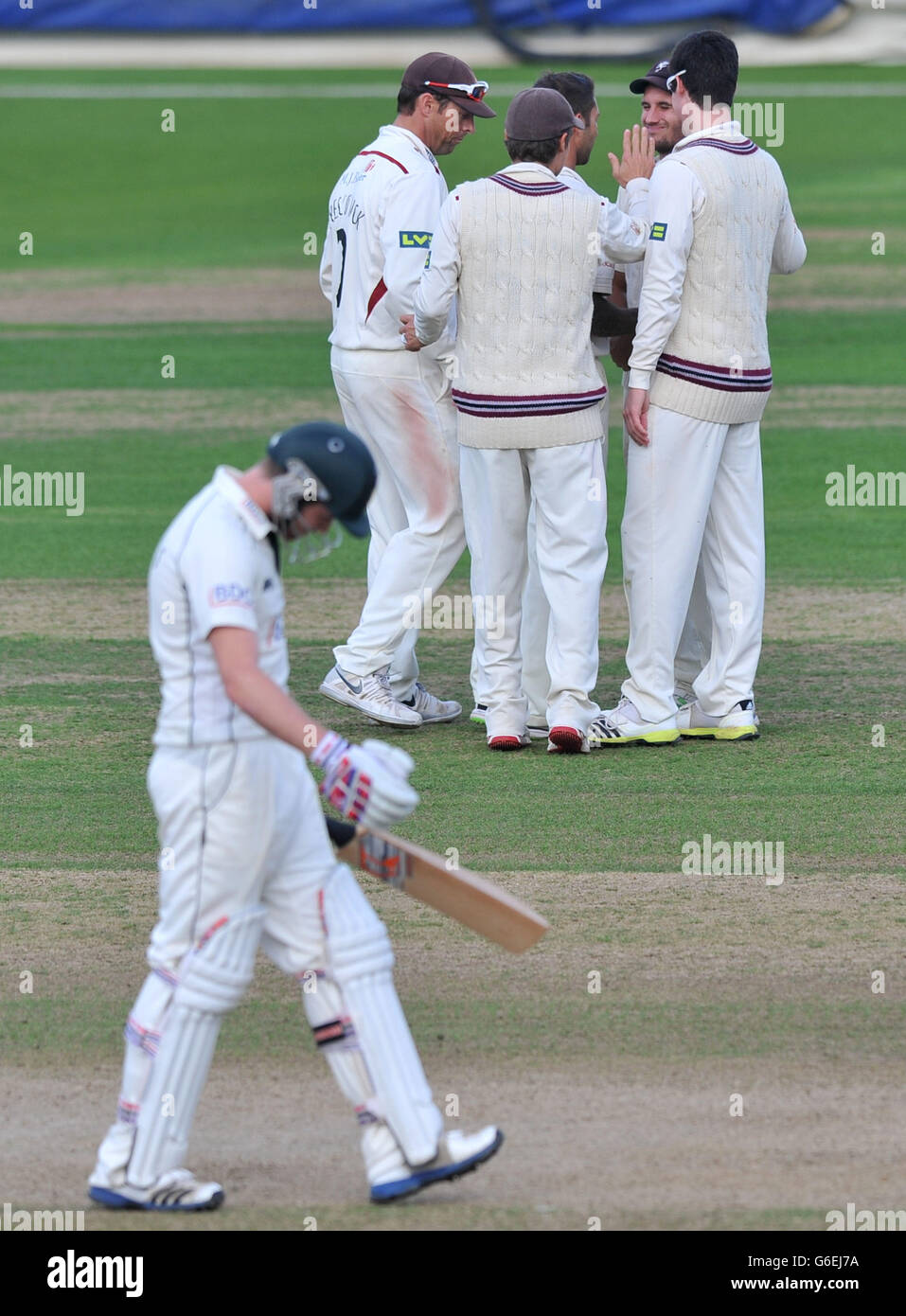 Somerset's Peter Trego (obscured) celebrates taking the wicket of Nottinghamshire's Rikki Wessels during the LV= County Championship, Division One match at Trent Bridge, Nottingham. Stock Photo