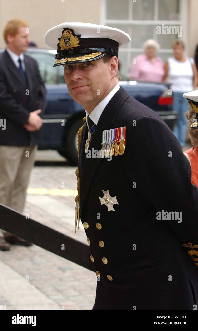 The Duke of York arrives at Truro Cathedral in Cornwall for a service in honour of seven members of a navy helicopter squadron who died in an Iraq war air crash. * The service is being held in honour of seven members of 849 Naval Air Squadron, one of them an American, based at the Royal Naval Air Station Culdrose, Helston, Cornwall, who died when two Sea King helicopters collided during the war on Iraq.The crash happened at about 1.30am on the morning of March 22 over the northern Arabian Gulf. See PA story DEFENCE Service. PA photo Barry Batchelor Stock Photo