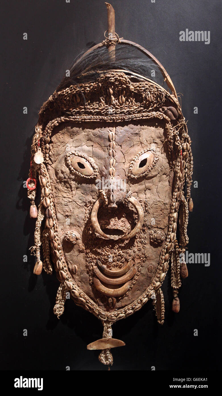 A basketry mask during a photo call for the Tribal Perspectives art show at The Gallery in Mayfair, London. Stock Photo
