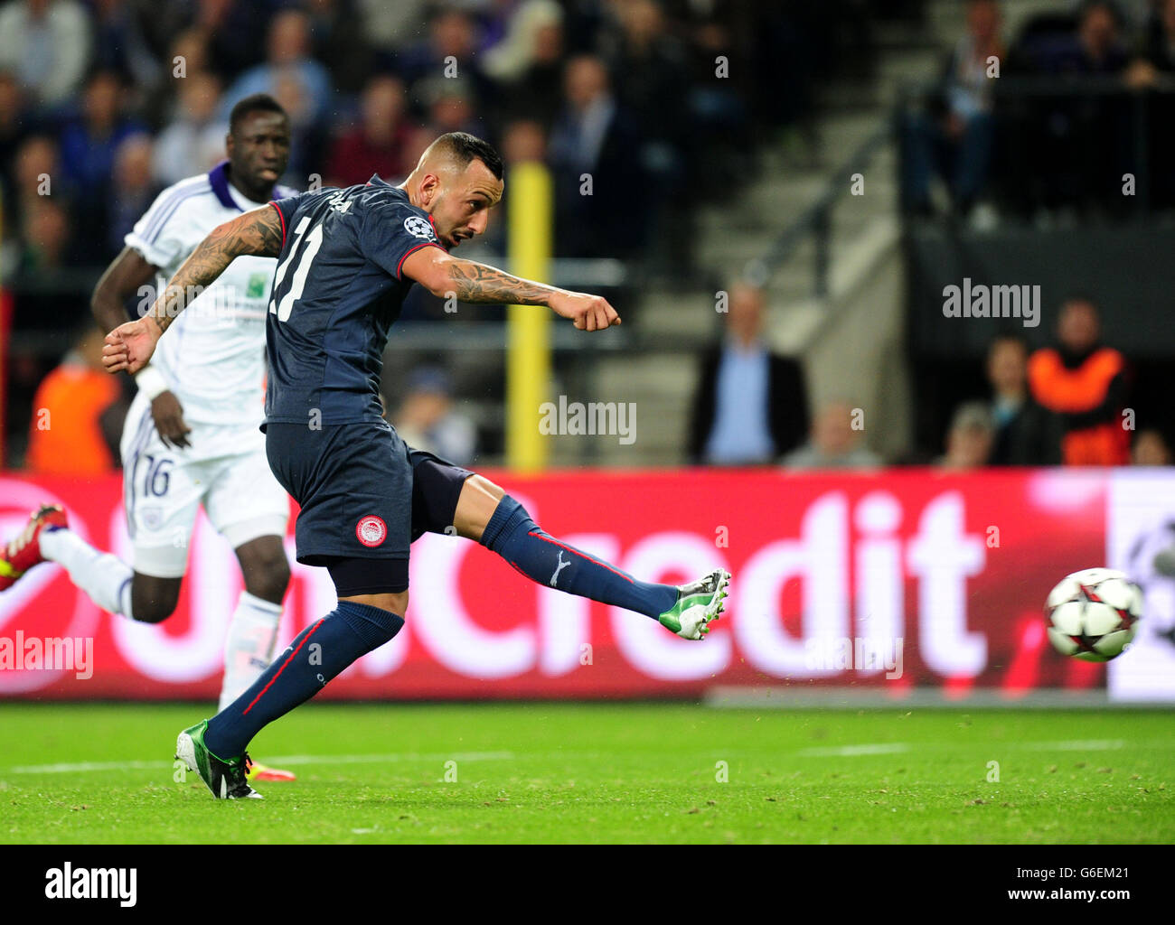 Soccer - UEFA Champions League - Group C - RSC Anderlecht v Olympiakos - Constant Vanden Stock. Olympiakos' Kostas Mitroglou scores their second goal. Stock Photo