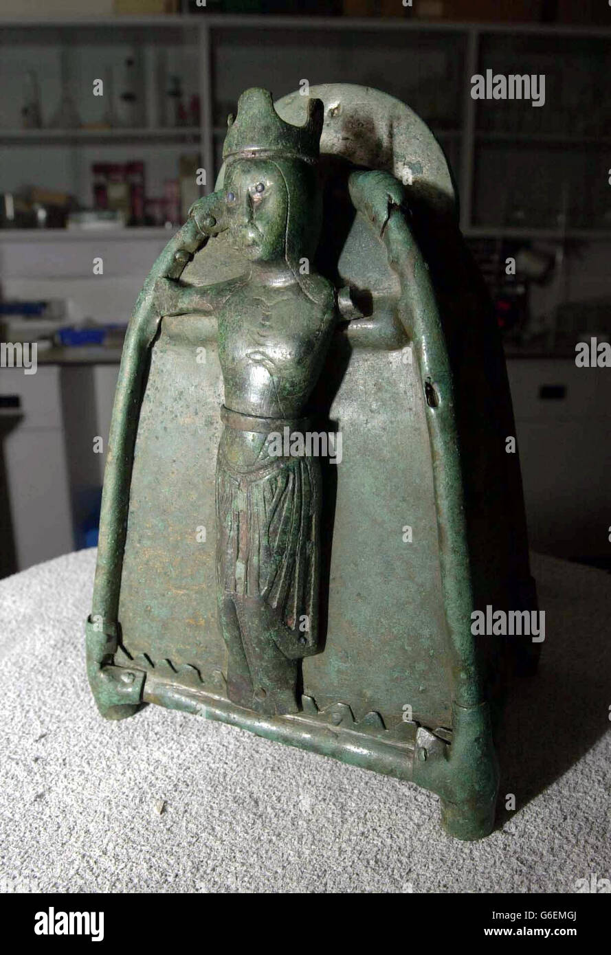 A 12th Century holy relic, that was unearthed by archaeologist Brian Williams in Northern Ireland. Williams, joint excavation director of the Environment and Heritage Service (EHS), came across the extremely rare and beautiful bronze bell shrine during a dig near Ballycastle, Co Antrim. Stock Photo