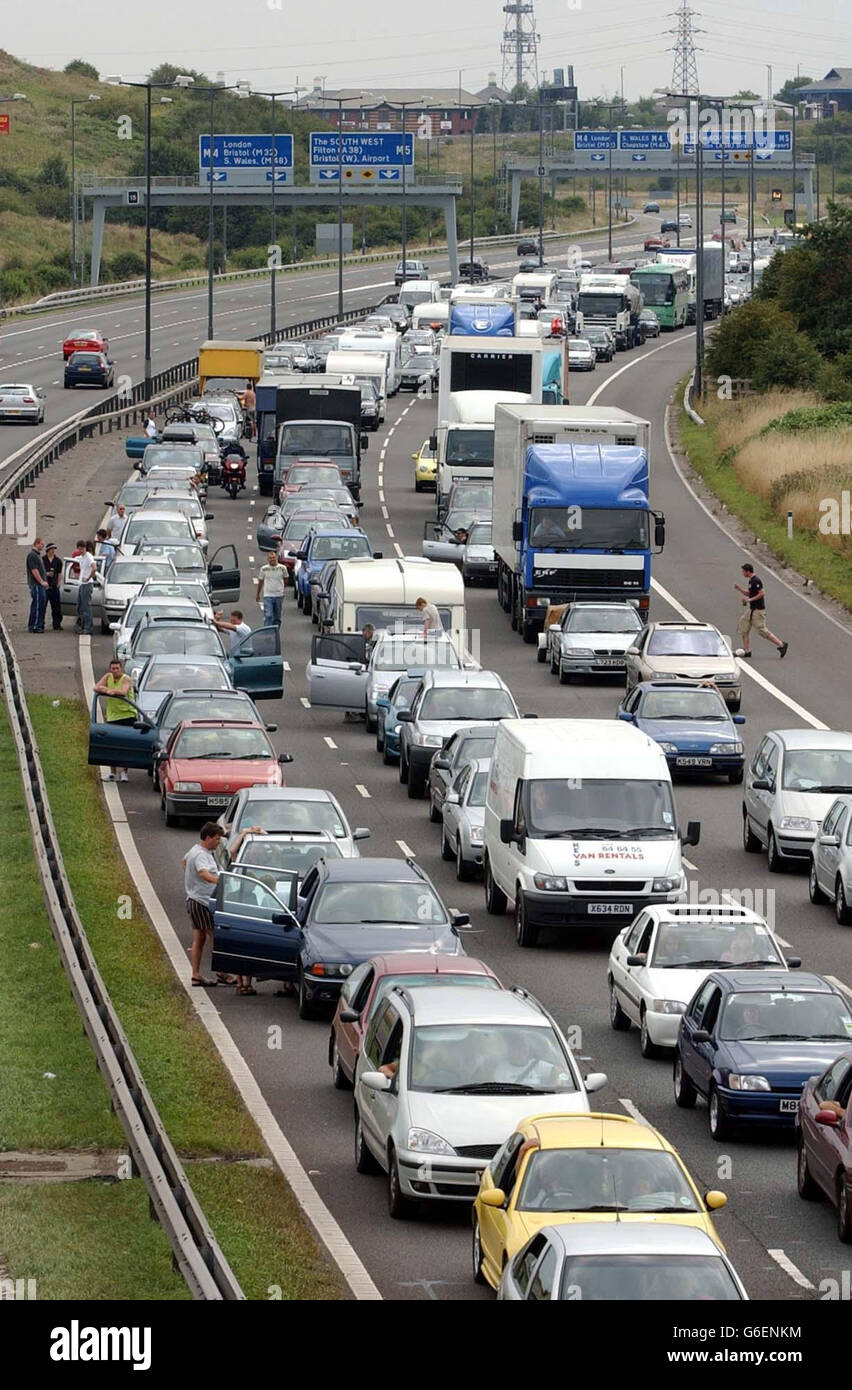 Traffic jam. Northbound carriageway of the M5, blocked (because of an