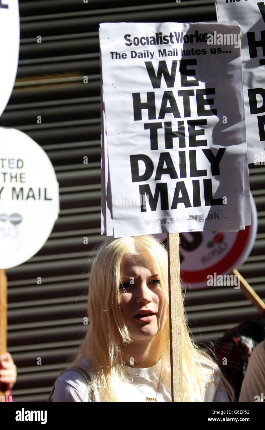 Protesters gather outside the head office of the Daily Mail in west London, as the row continues over the Daily Mail article about opposition leader Ed Miliband's late father Ralph Miliband - a noted Marxist academic - under the headline: 'The man who hated Britain'. Stock Photo