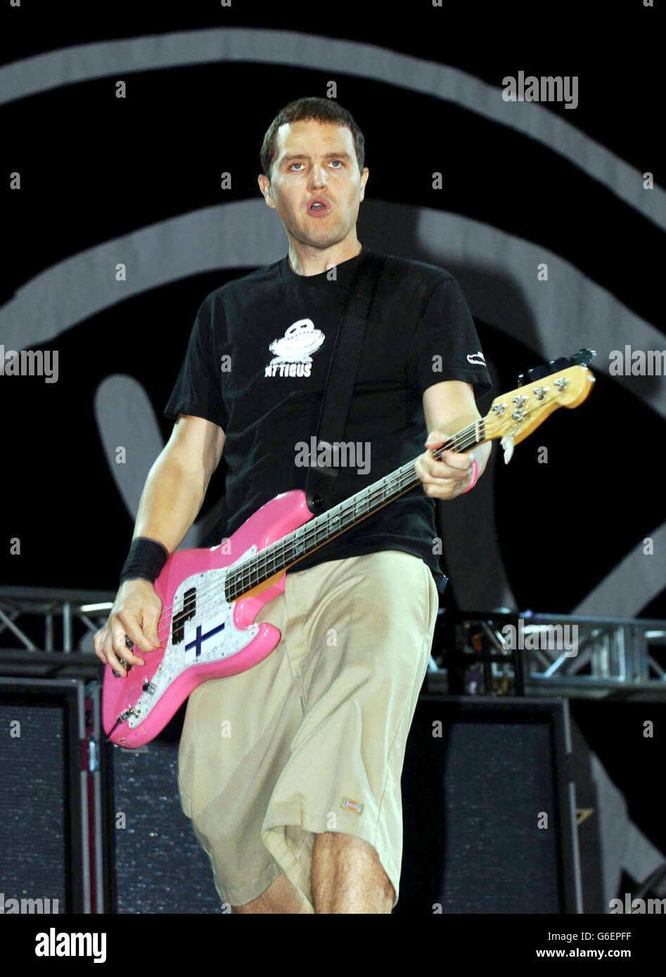 Mark Hoppus of Blink 182 performing on the Main Stage at the Carling Reading Festival, in Reading. Stock Photo