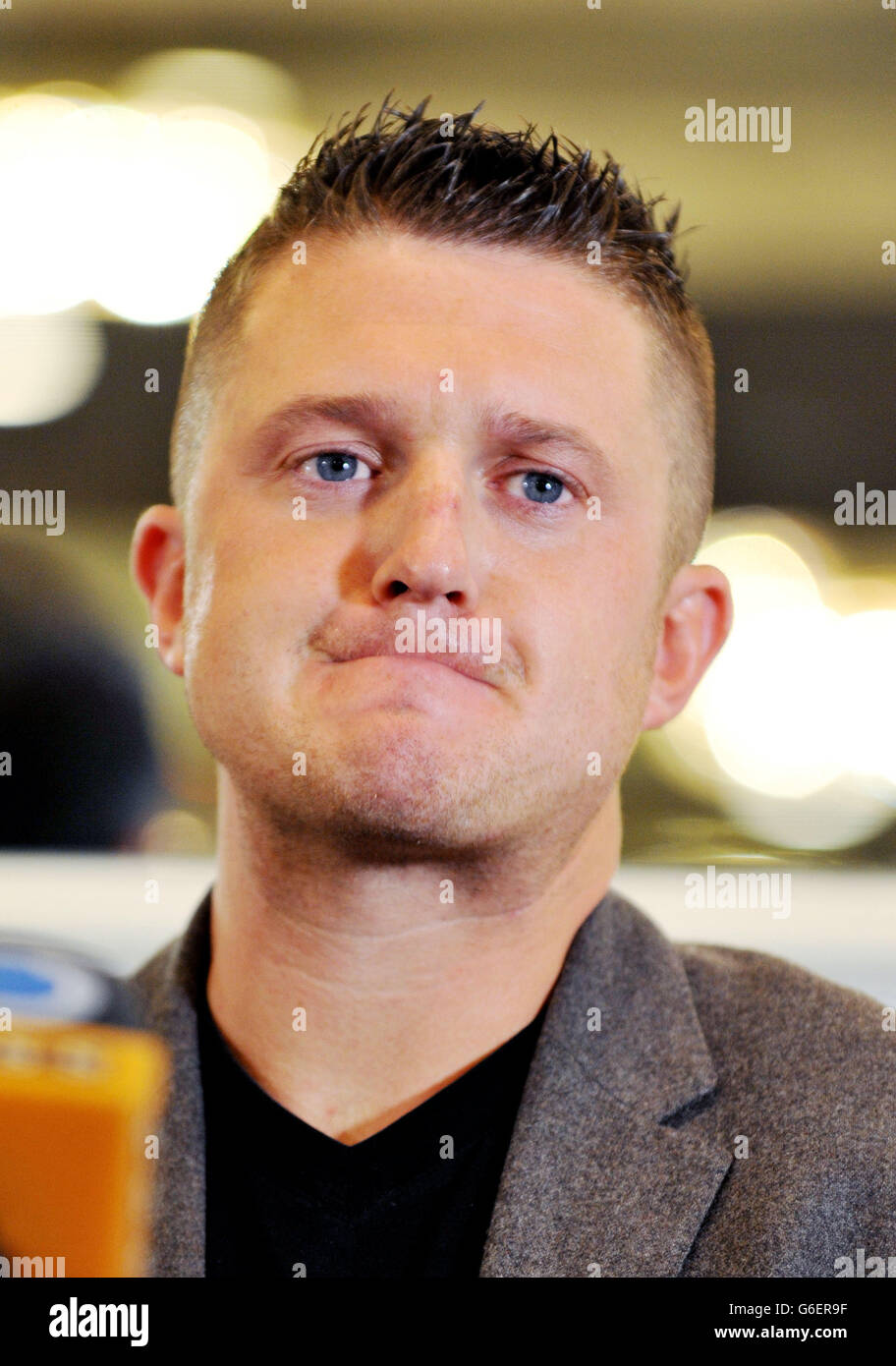 English Defence League (EDL) leader Tommy Robinson, during a press conference at the Montague Hotel, central London, as he announces that he is to stand down from the EDL under the guidance of the Quilliam Foundation. Stock Photo