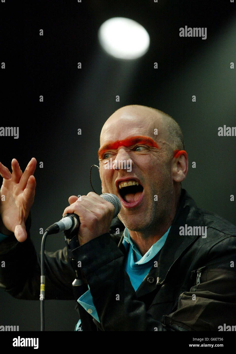 T in the Park REM. The lead singer of REM Michael Stipe on stage at T