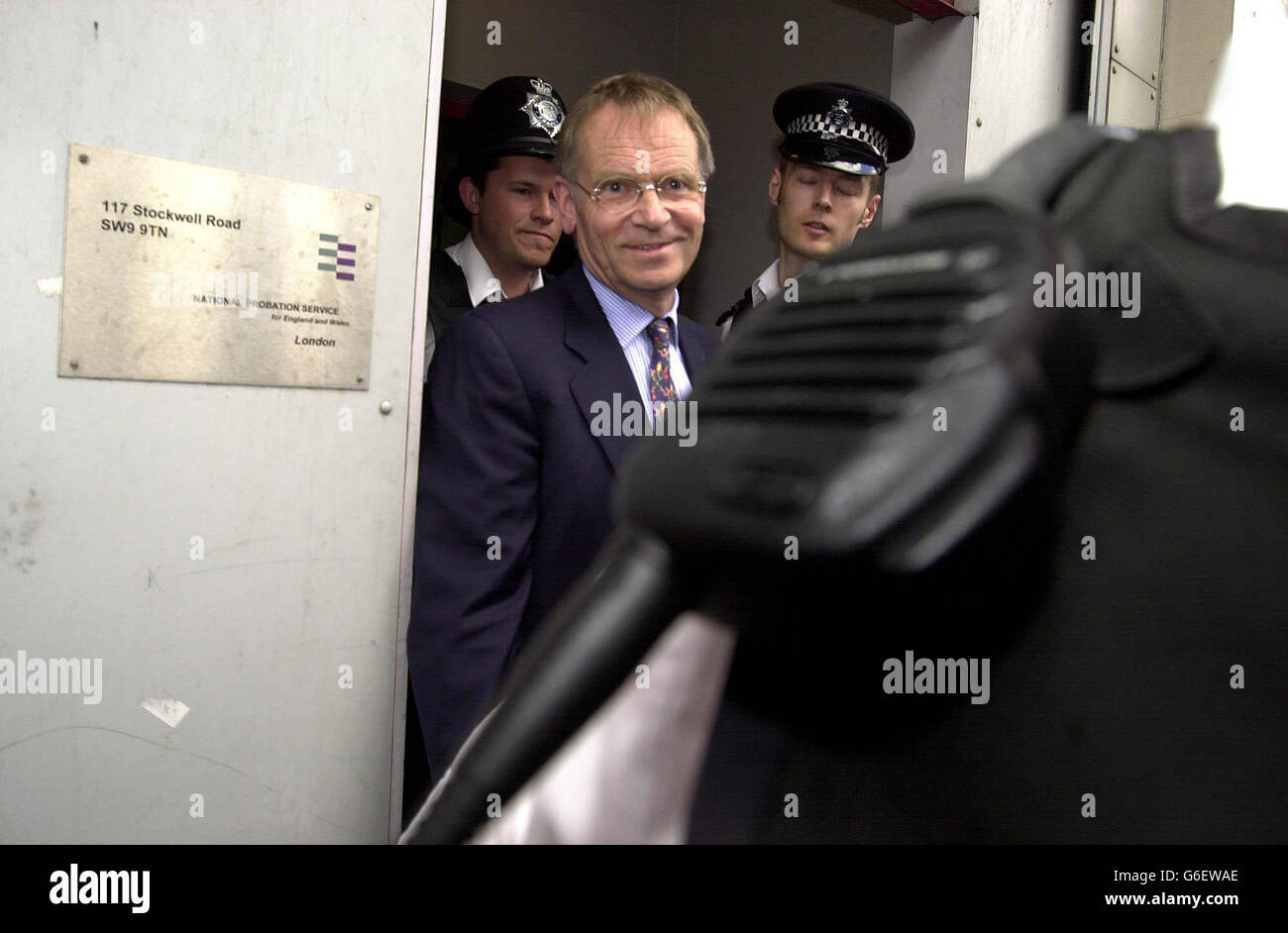 Lord Archer during his visit to his probation officer at 117 Stockwell Road, London. Archer met his probation officer for the first time since being released from jail. Entering the grey graffiti-daubed building in south London, he remained tight-lipped despite his new-found freedom. He was forced to make his way slowly through the pack of photographers to reach the entrance. Stock Photo