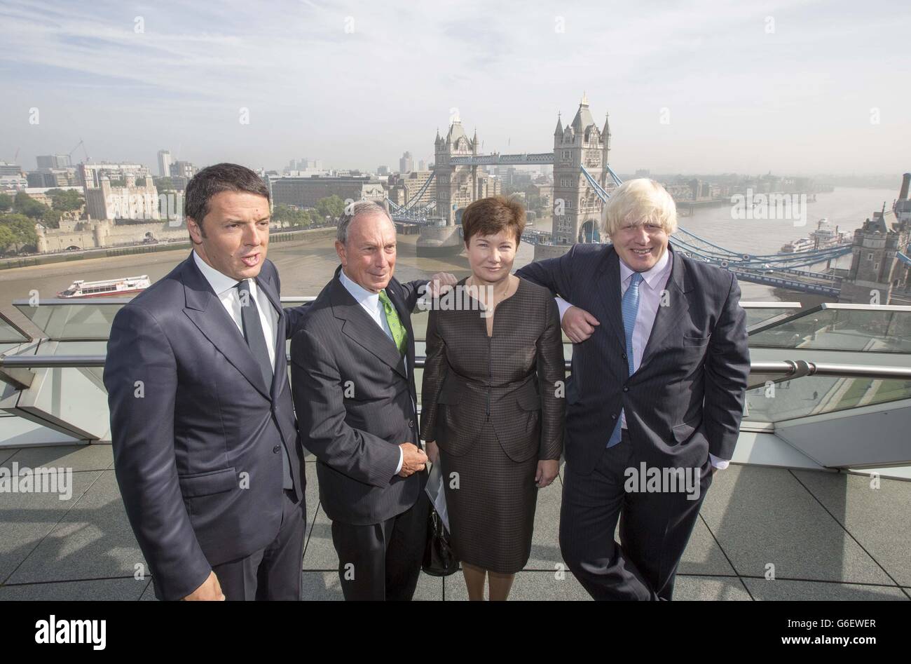 (left to right) Matteo Renzi the Mayor of Florence, Michael Bloomberg the Mayor of New York , Hanna Gronkiewicz-Waltz the mayor of Warsaw and Boris Johnson the Mayor of London, at the launch of the Mayors Challenge in Europe at City Hall in London. Stock Photo