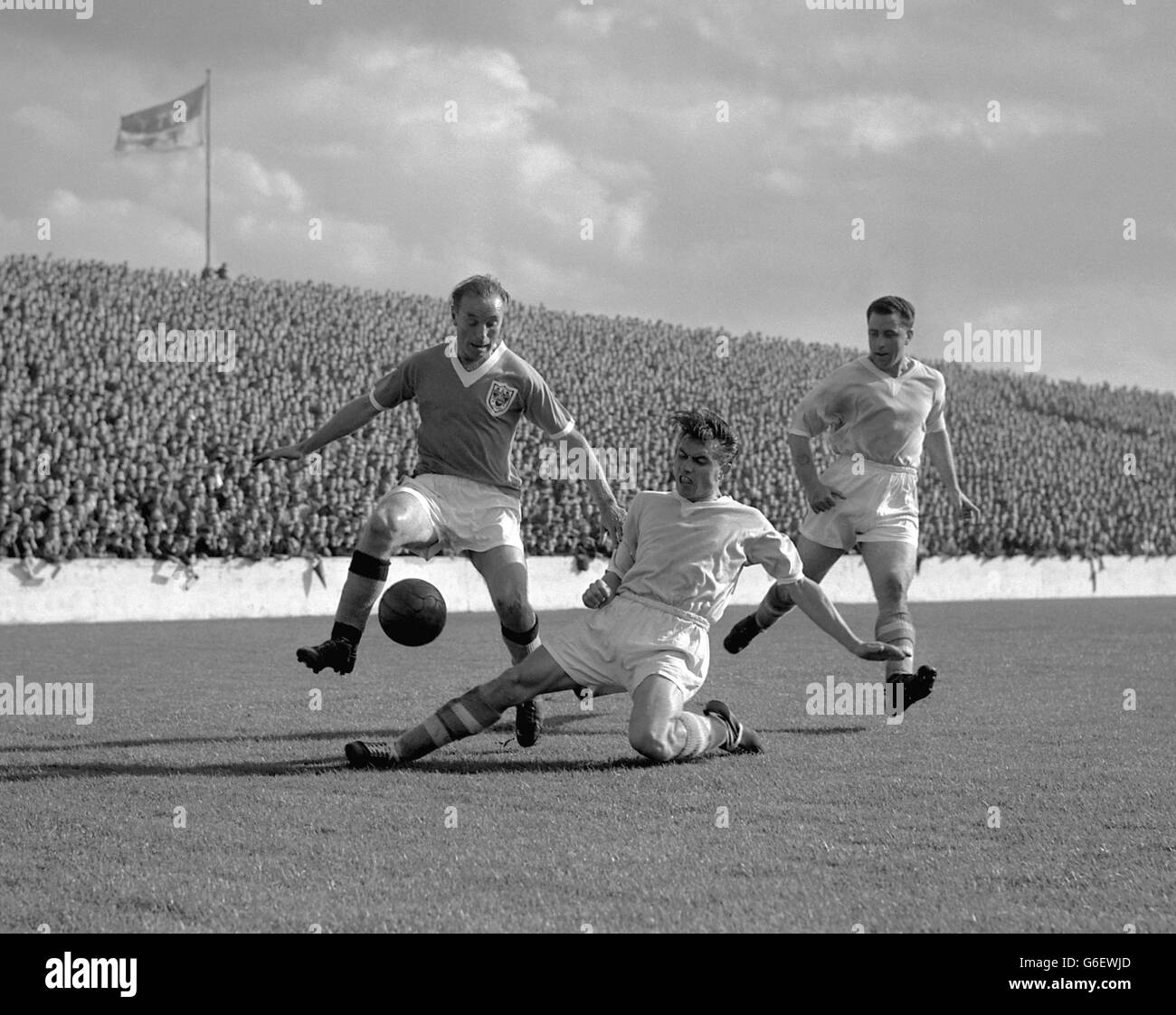 Veteran Blackpool and England inside-right, Stanley Matthews in action. Now 41 and still showing himself one of soccer's greatest players, Matthews will again wear his country's colours on November 14th when he plays for England against Wales. Stock Photo