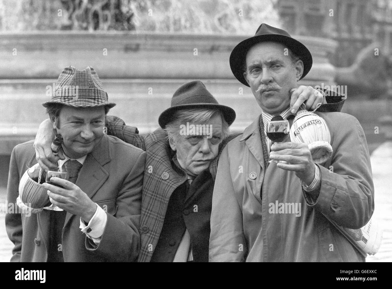 (l-r) Peter Sallis, Bill Owen and Michael Bates celebrate the return of their BBC comedy series Last of the Summer Wine. Stock Photo