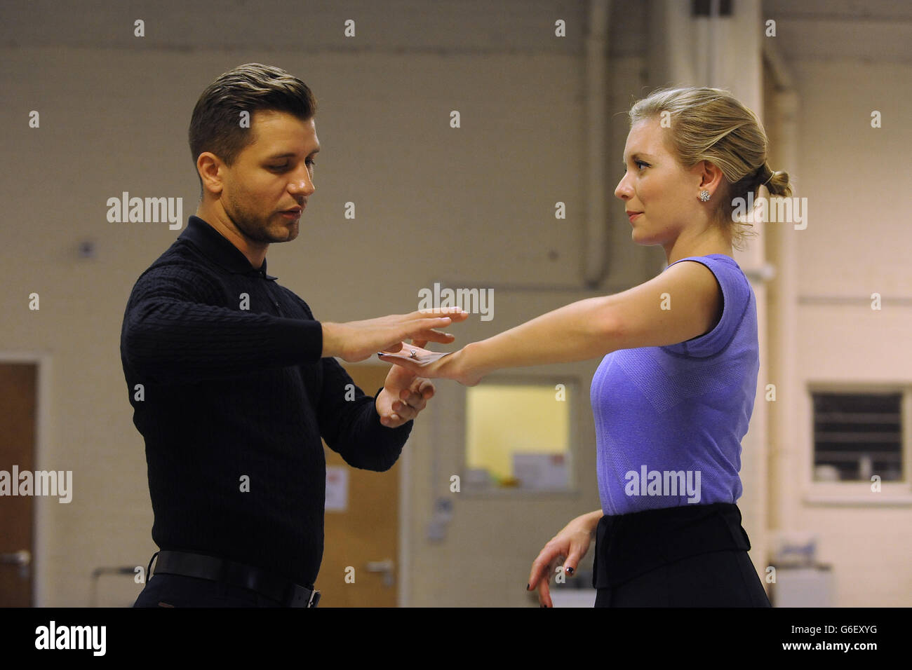 Rachel Riley and Pasha Kovalev rehearse their waltz at Ace Dance & Music, Birmingham ahead of their first dance on Strictly Come dancing. Stock Photo