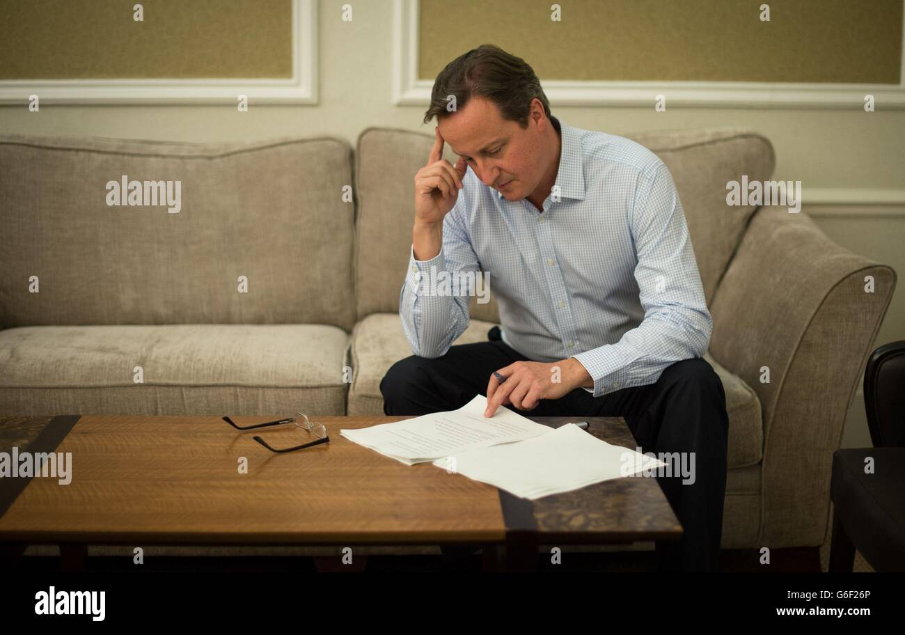 Prime Minister David Cameron prepares his speech for his keynote address to the Conservative Party conference in Manchester. Stock Photo