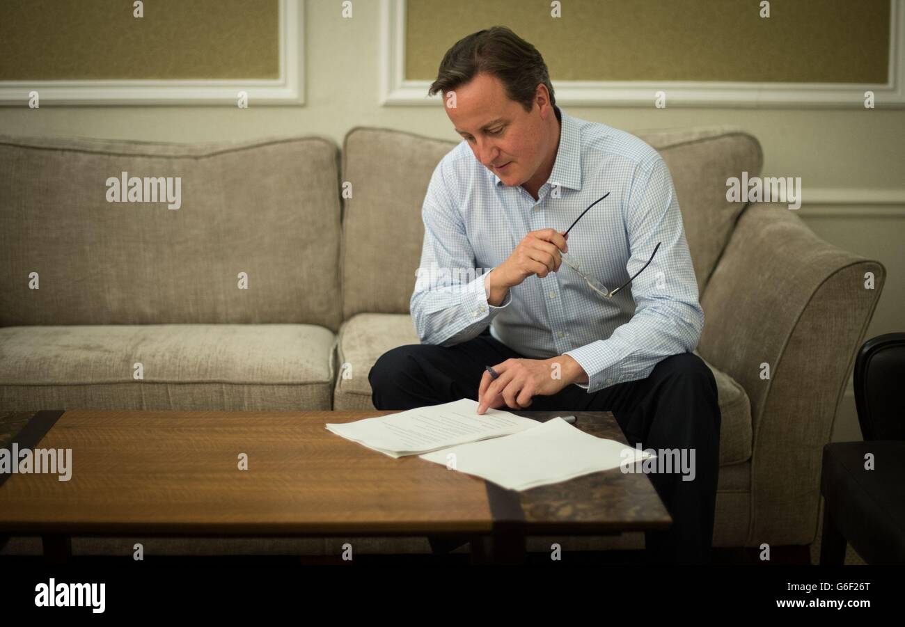 Prime Minister David Cameron prepares his speech for his keynote address to the Conservative Party conference in Manchester. Stock Photo