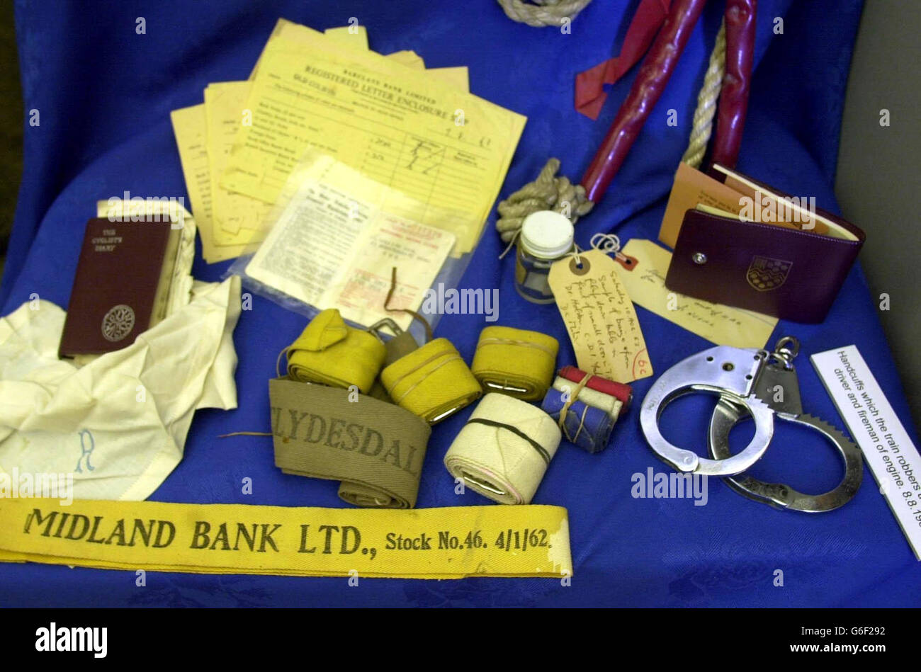 Some of the evidence found by police searching for the Great Train Robbers - found at Leatherslade Farm, Buckinghamshire - following the audacious 2.5 million raid, goes on display in Reading to mark the 40th anniversary. Stock Photo