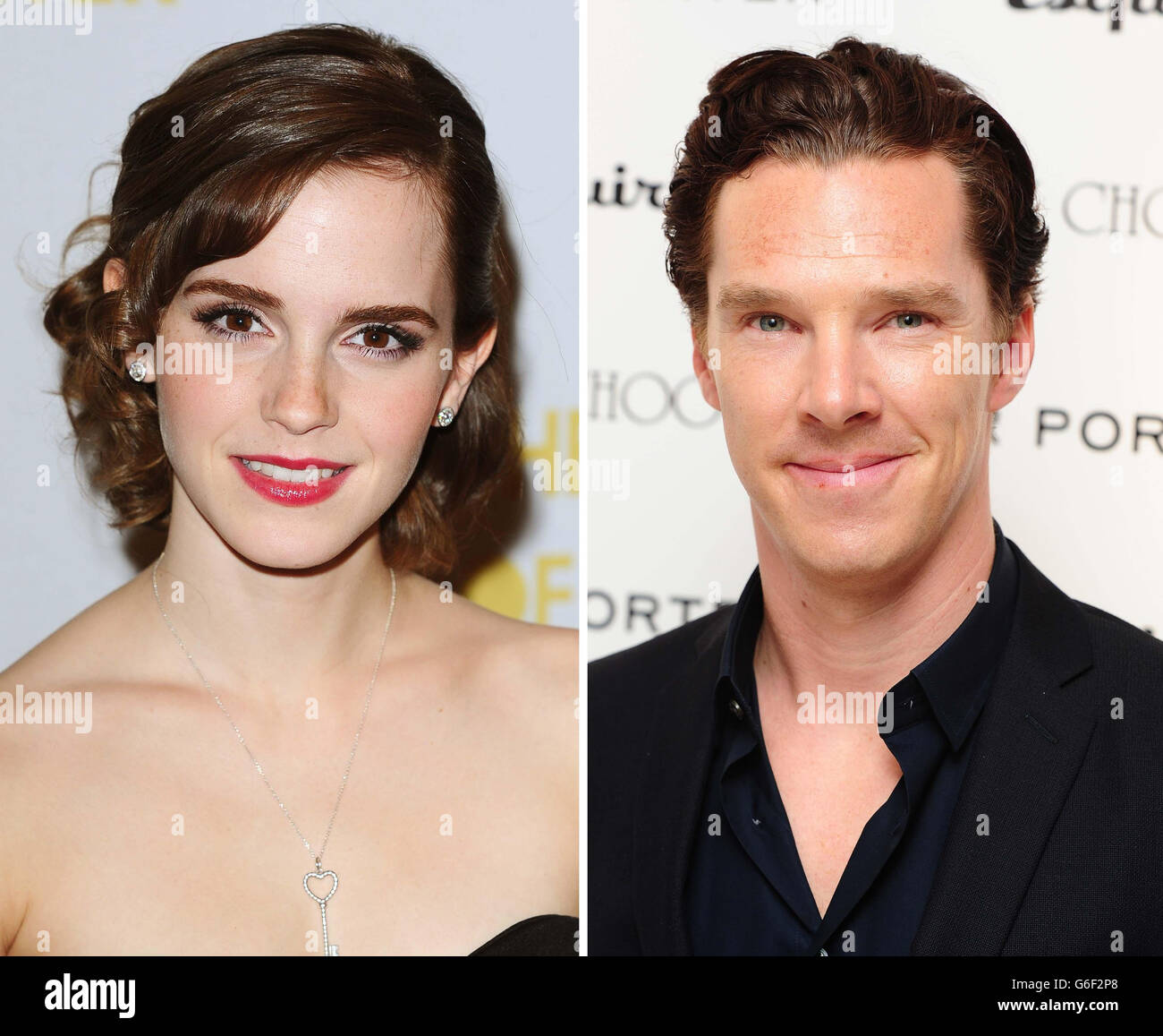 Undated file photos of Emma Watson and Benedict Cumberbatch who have been named the world's sexiest film stars. Stock Photo