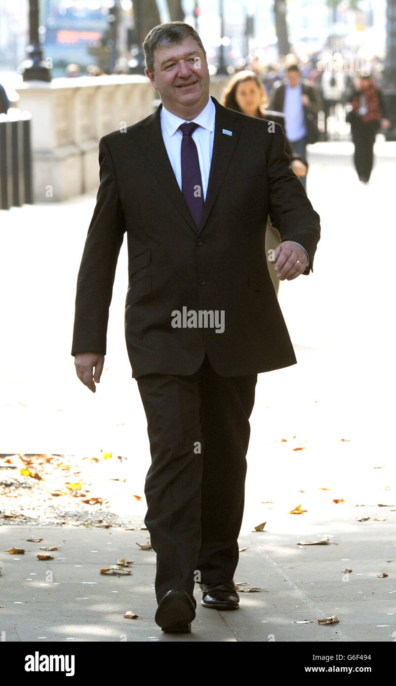Orkney and Shetland MP Alistair Carmichael who has replaced Michael Moore as the Scottish Secretary, arrives at the Scotland Office, Whitehall, central London, as Prime Minister David Cameron, kicked off a coalition reshuffle, with Scottish Secretary Michael Moore among the casualties. Stock Photo