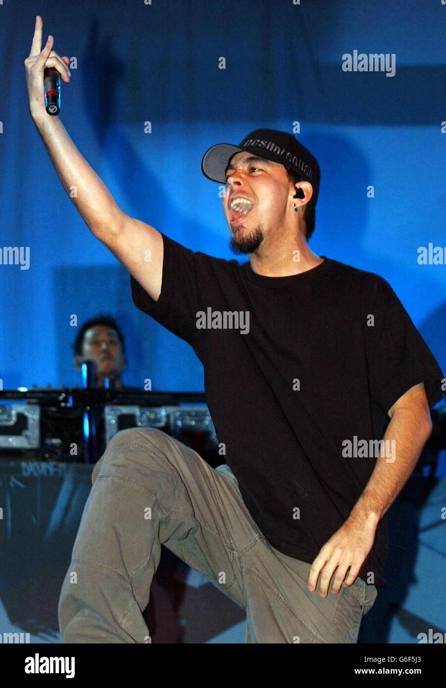 Mike Shinoda from the American nu-rock band Linkin Park performing on the Main Stage during the Carling Reading Festival, in Reading. Stock Photo
