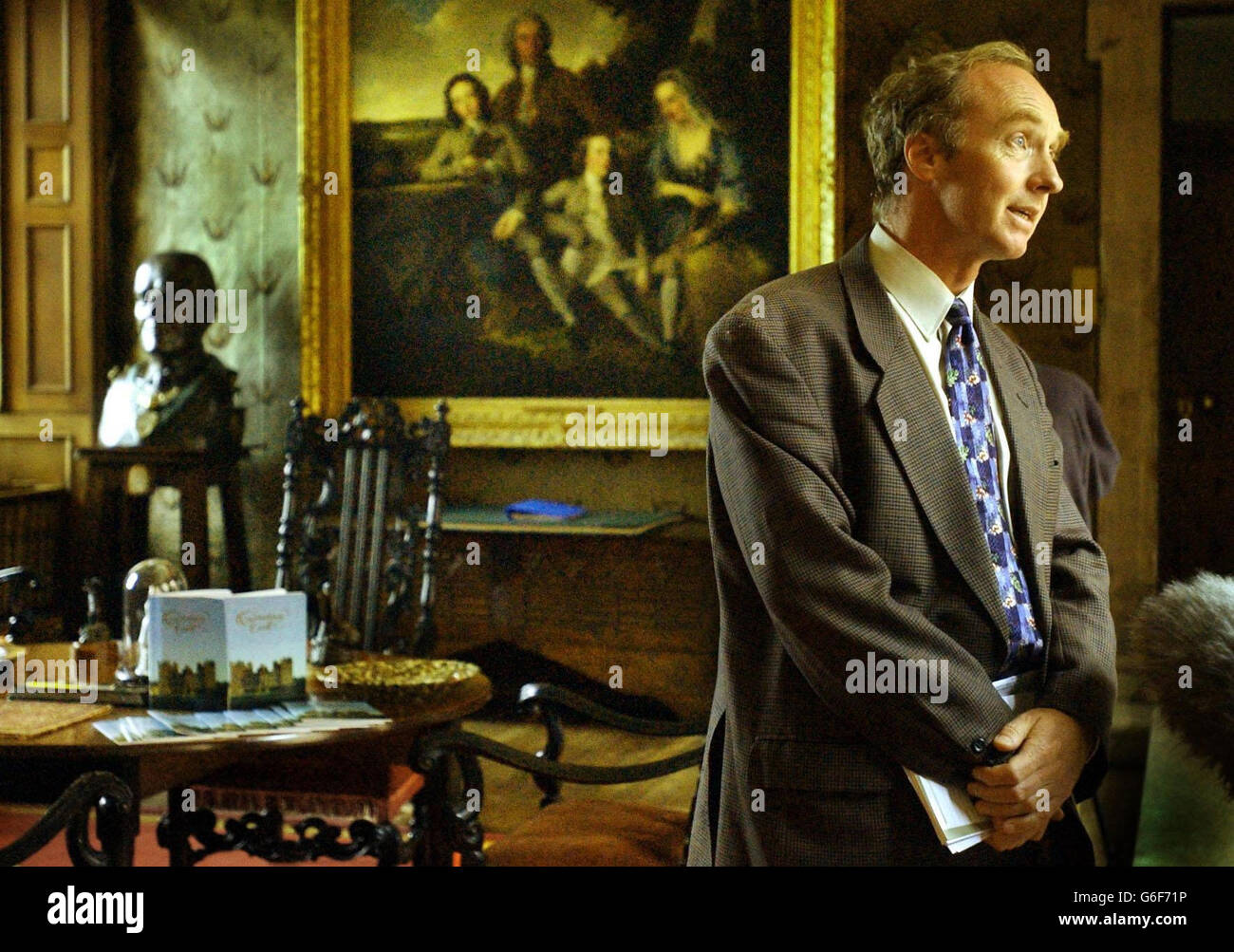 The Earl of Dalkeith before speaking to the media in the entrance hall of Drumlanrig Castle in Dumfries and Galloway. Insurers offered a six-figure reward for the recovery of a priceless Leonardo da Vinci masterpiece stolen from a castle belonging to one of the country's richest land owners. The work, The Madonna with Yarnwinder, was stolen in its frame by two men posing as visitors who overpowered a female guide at the ancestral home of the Duke of Buccleuch. Stock Photo