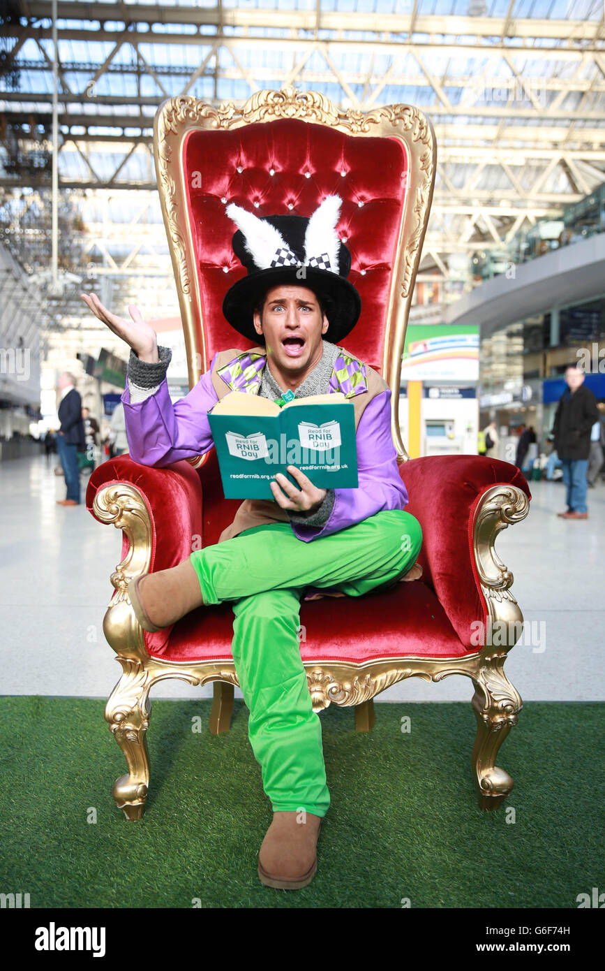 Former Made in Chelsea star Ollie Locke at Waterloo Station in London to record passages from Lewis Carroll's classic, Alice's Adventures in Wonderland book to mark Read for RNIB day, the annual charity event from The Royal National Institute of Blind People (RNIB). Stock Photo
