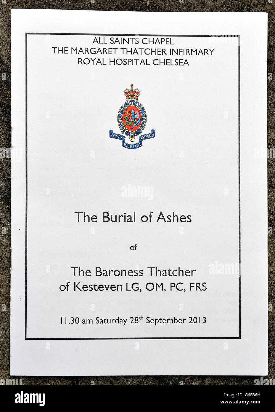 The cover of the order of service for the interment of the the ashes of former Prime Minister Baroness Margaret Thatcher, in the grounds of the Royal Hospital Chelsea. Stock Photo