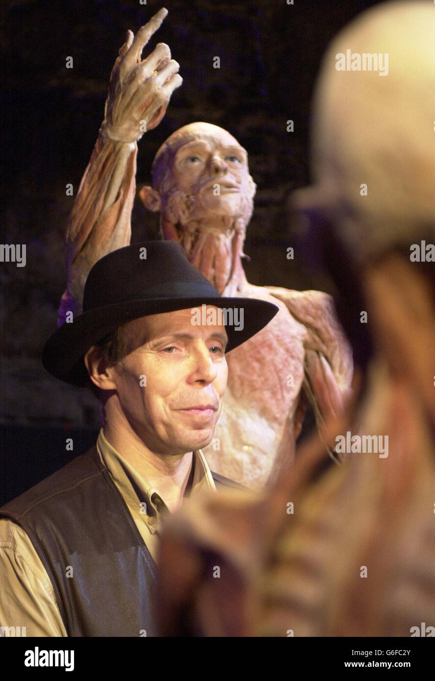 The German professor Gunther von Hagens pictured, with the preserved human corpses, at the old city morgue in Edinburgh s historic Cowgate. Prof von Hagens, whose Body Worlds show has attracted about eight million visitors worldwide since 1995, called the press conference to promote Futurehuman, a new TV documentary.The programme will feature his search for a terminally ill donor to take part in his project to redesign and perfect a dead body and preserve it for posterity. Stock Photo